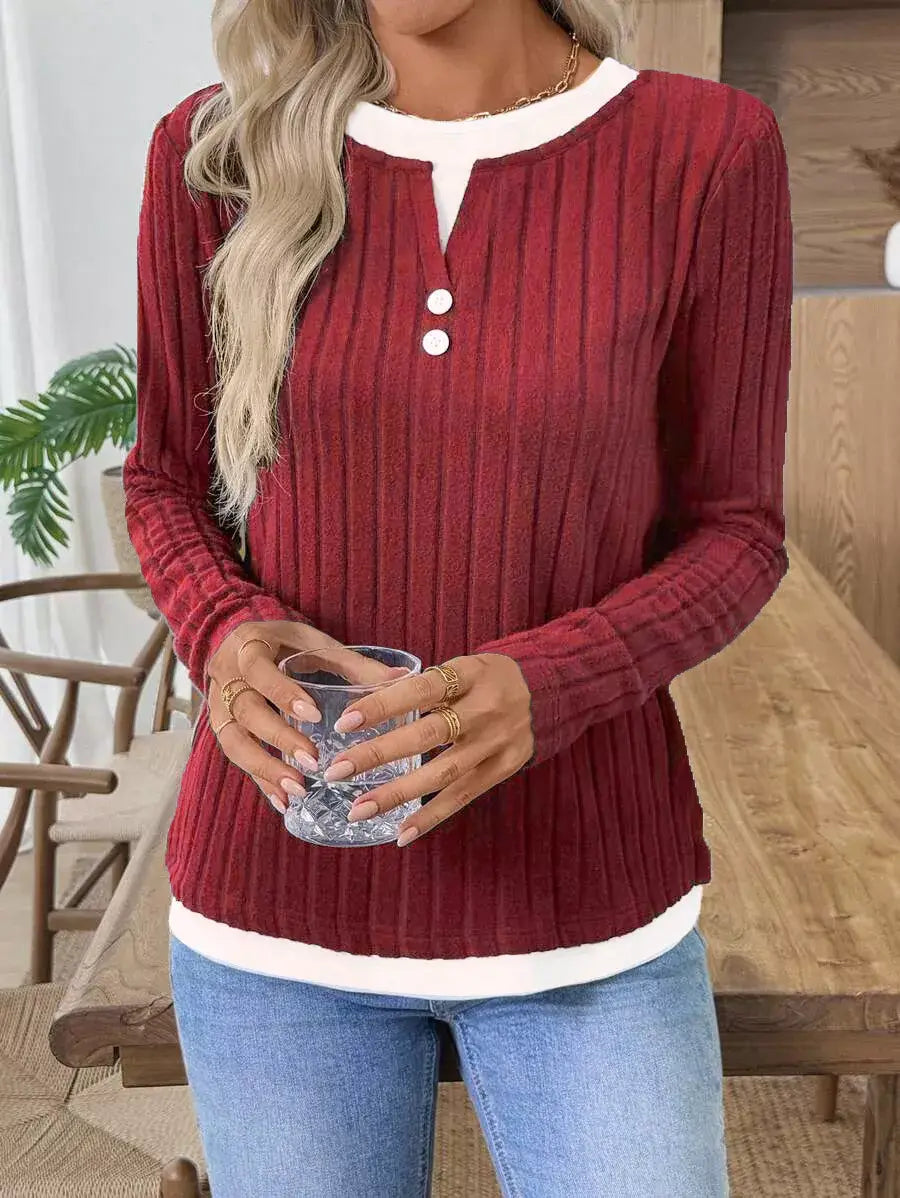 Ribbed Knit Long Sleeve Fake Two-Piece T-Shirt - Trendsi - Flyclothing LLC