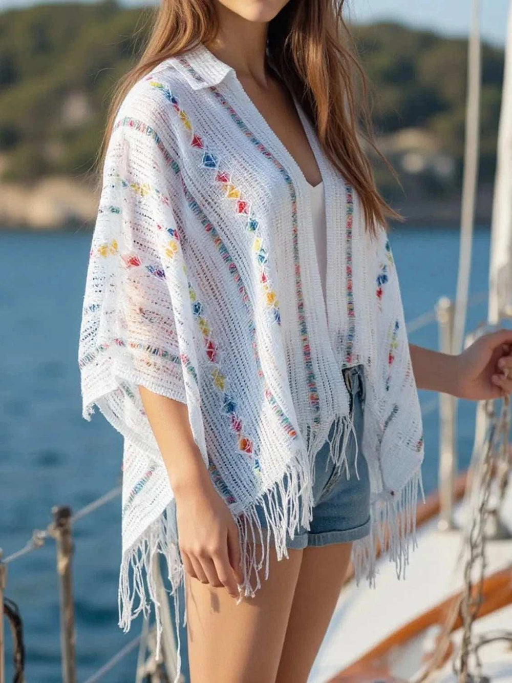 Openwork Fringe Open Front Knit Cape - Trendsi - Flyclothing LLC