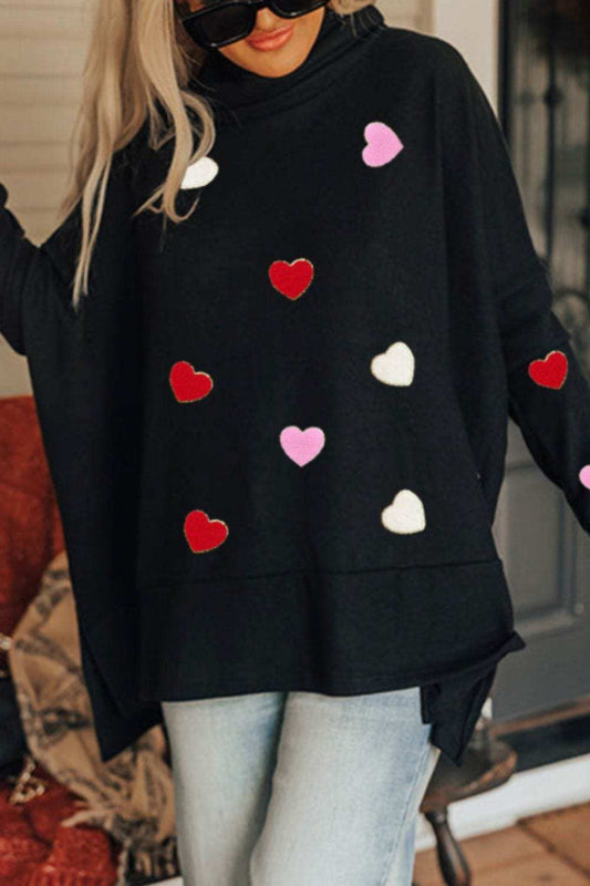 Valentine’s Day Heart Patched Turtleneck Long Sleeve Top - Trendsi - Flyclothing LLC