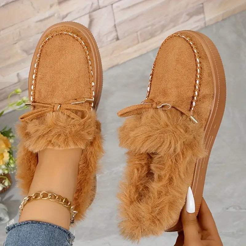 Bow Furry Round Toe Flat Slip-Ons - Trendsi - Flyclothing LLC