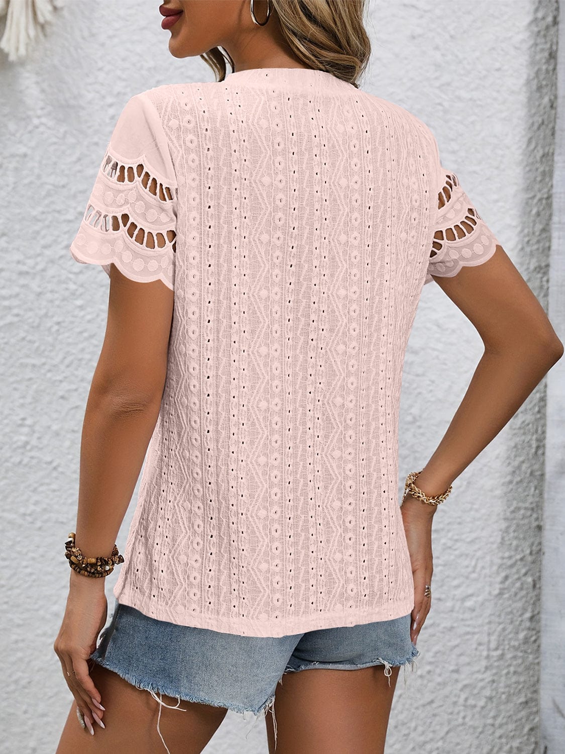 Full Size Eyelet Round Neck Short Sleeve Top - Trendsi