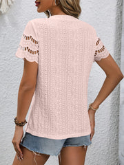 Full Size Eyelet Round Neck Short Sleeve Top - Trendsi