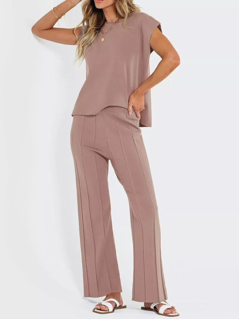 Casual Solid Color Cap Sleeve Top and Pants Knit Set - Trendsi - Flyclothing LLC