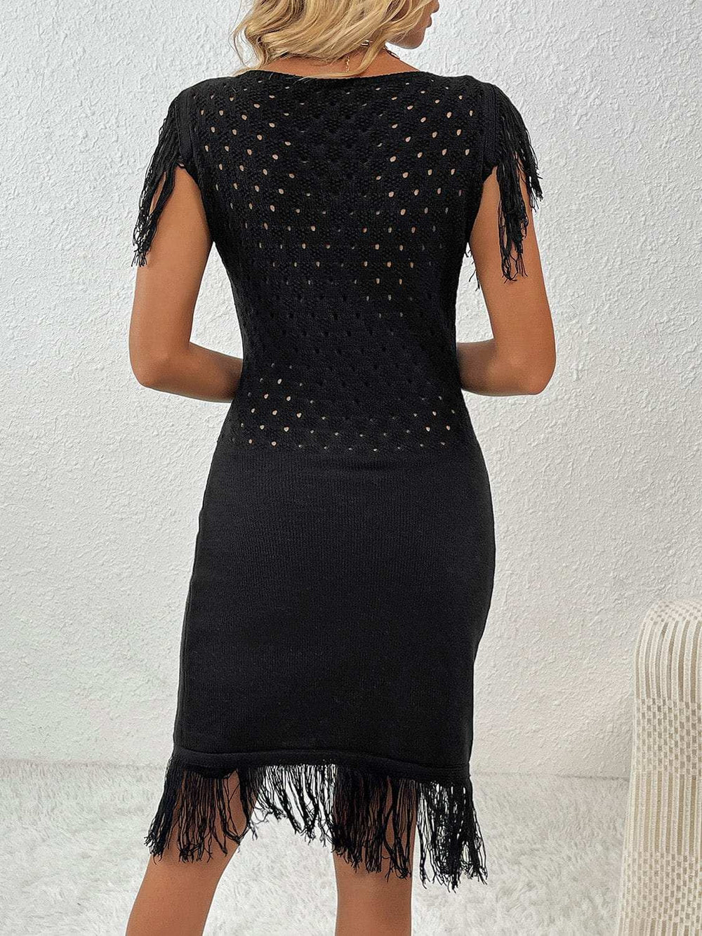 Fringe Openwork Boat Neck Knit Dress - Trendsi - Flyclothing LLC