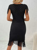Fringe Openwork Boat Neck Knit Dress - Trendsi - Flyclothing LLC