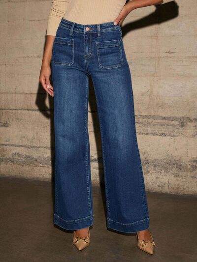 High Rise Front Pocket Patch Wide Leg Jeans - Trendsi - Flyclothing LLC