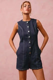 SO ME Button Up Front Washed Denim Sleeveless Romper - Trendsi - Flyclothing LLC