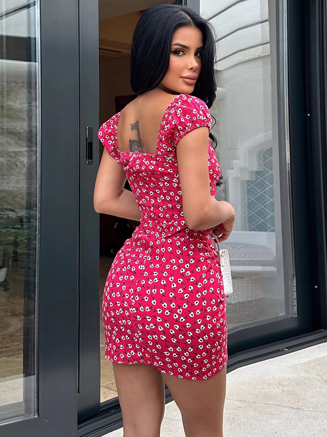 Printed V-Neck Short Sleeve Mini Dress - Trendsi