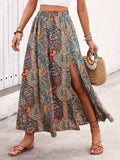 Slit Printed Elastic Waist Skirt - Trendsi - Flyclothing LLC