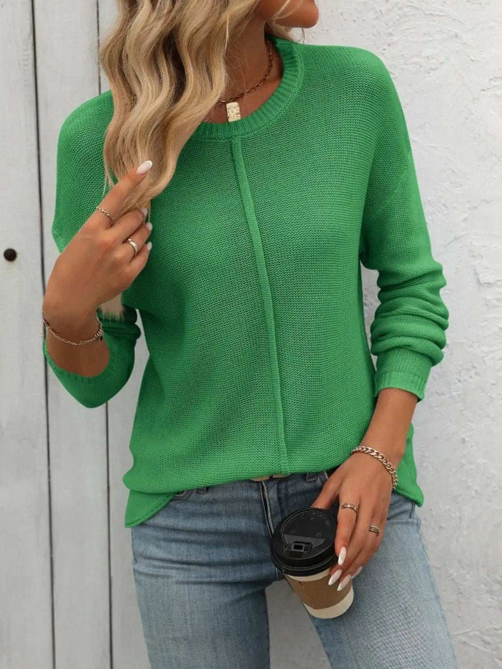 Round Neck Dropped Shoulder Knit Top - Trendsi - Flyclothing LLC