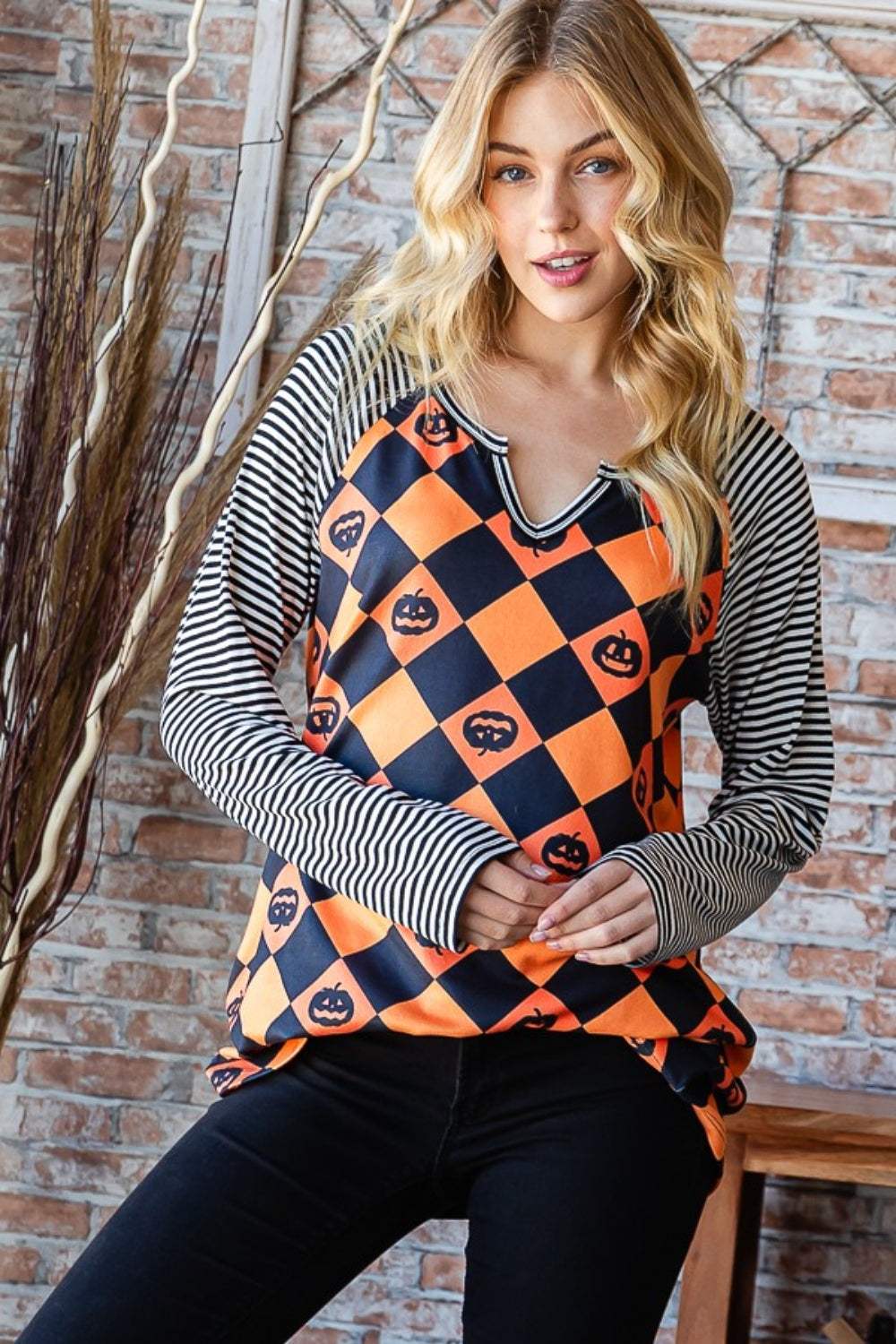 Heimish Full Size Checkered Contrast Striped Long Sleeve T-Shirt - Trendsi - Flyclothing LLC