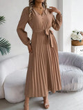 Pleated Tied V-Neck Long Sleeve Dress - Trendsi