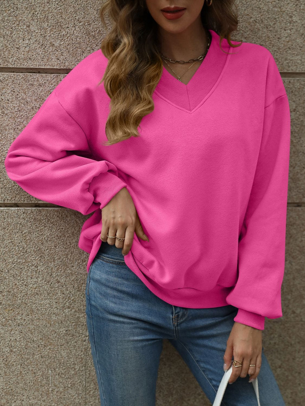 V-Neck Long Sleeve Dropped Shoulder Sweatshirt - Trendsi