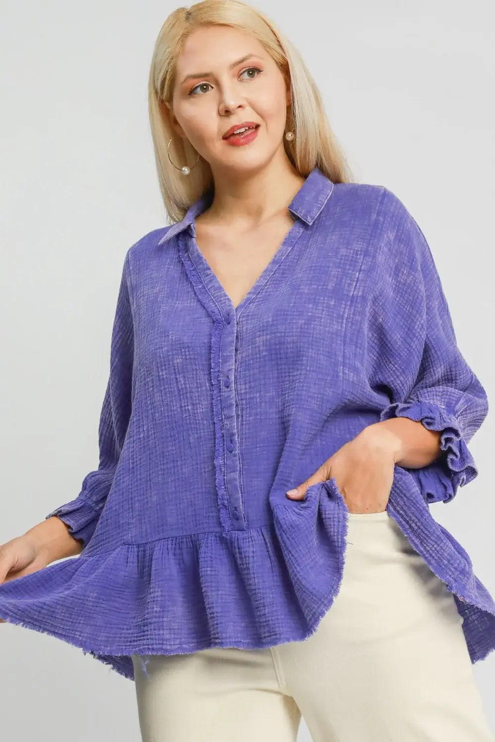 Umgee Plus Size Size Mineral Washed Cotton Gauze Top - Trendsi - Flyclothing LLC
