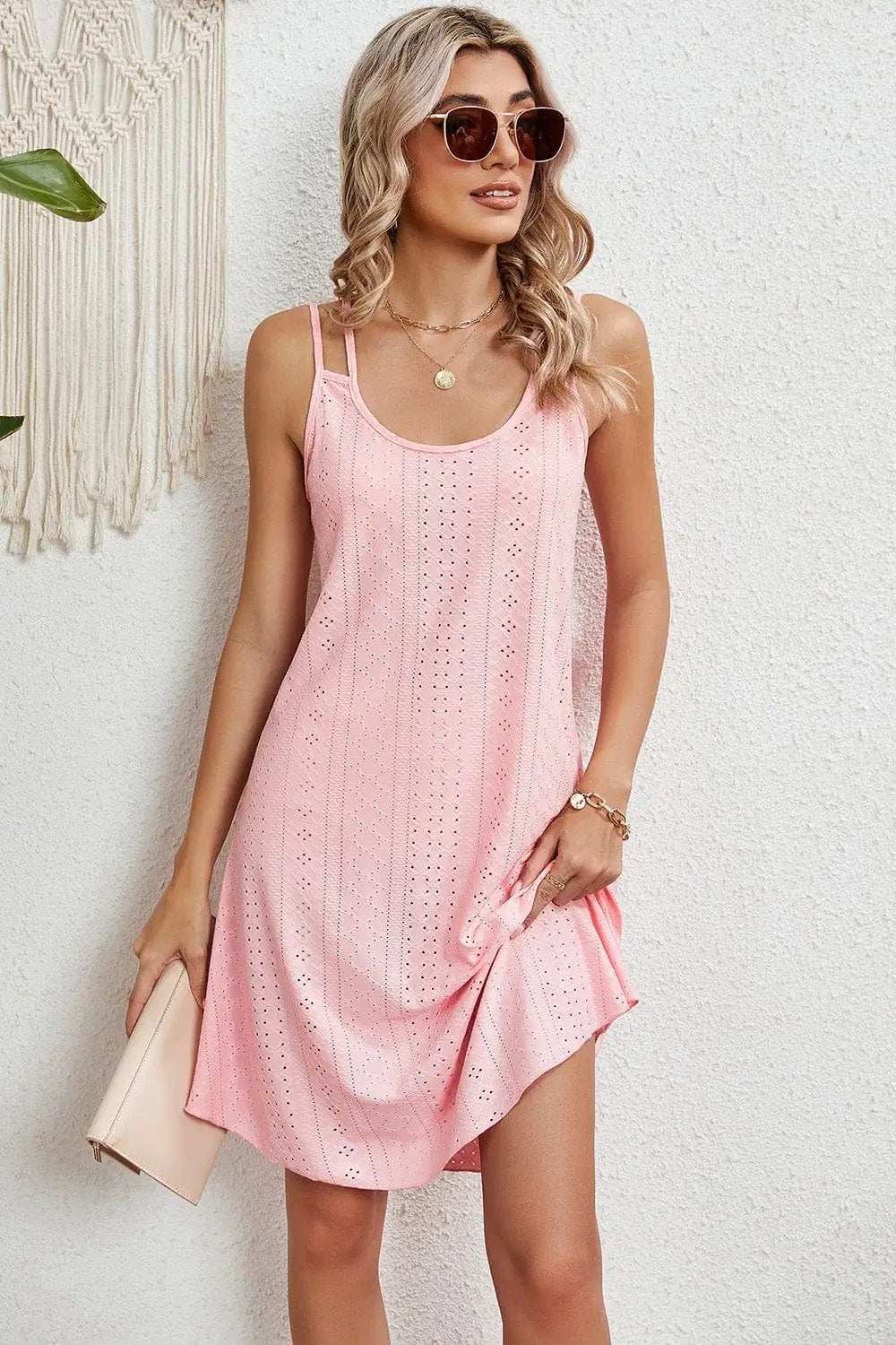 Eyelet Scoop Neck Double Strap Dress - Trendsi - Flyclothing LLC