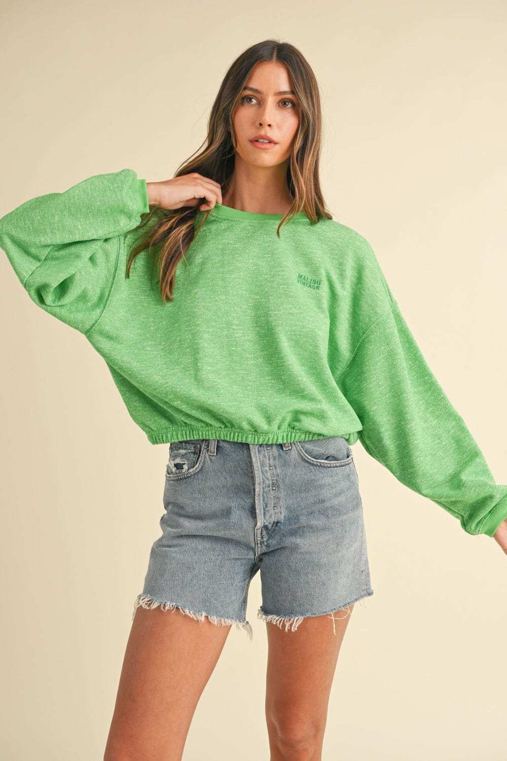 Mable Round Neck Letter Embroidery Crop Sweatshirt - Trendsi - Flyclothing LLC