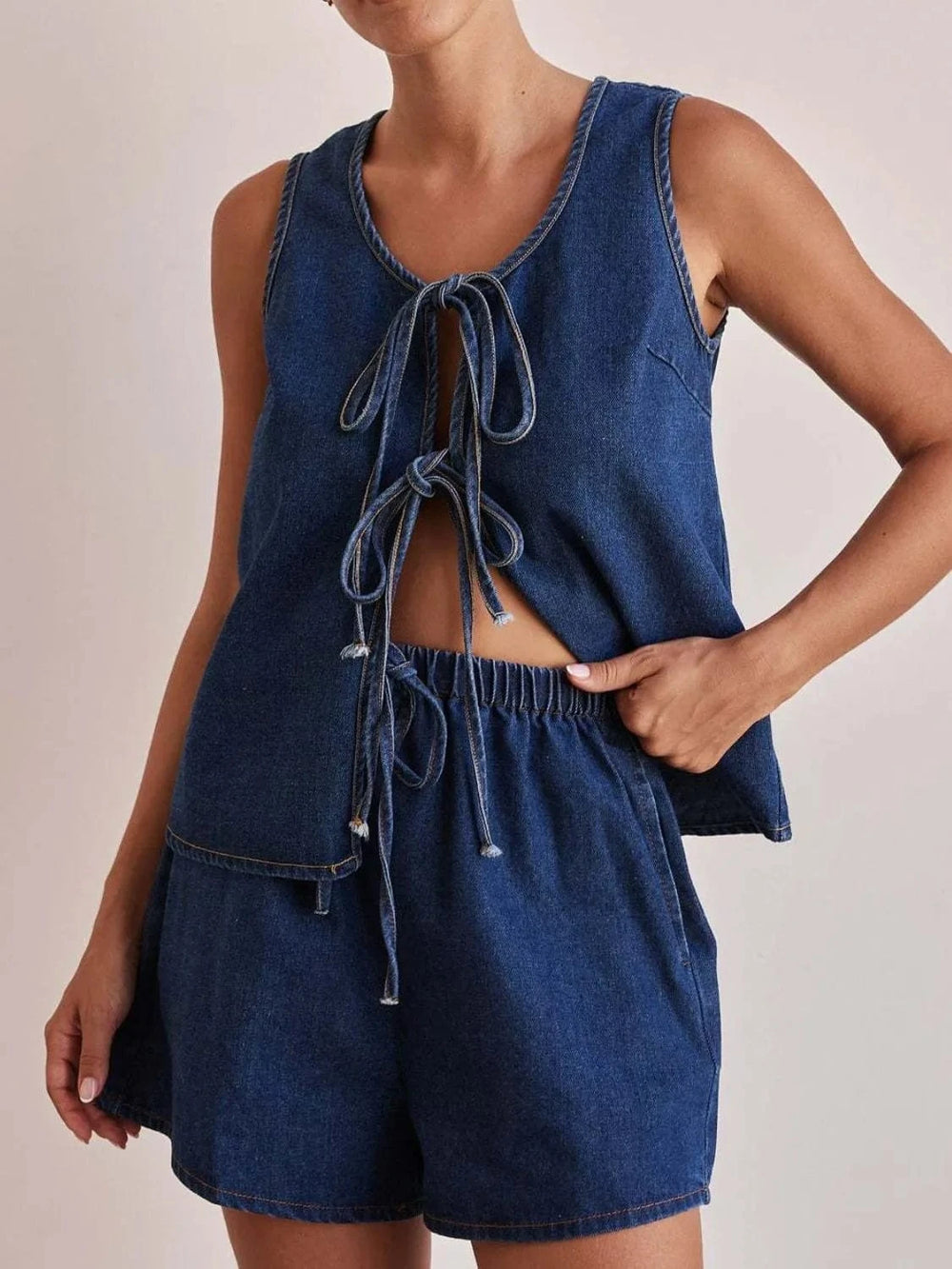 Tie Front Vest and Shorts Denim Set - Trendsi