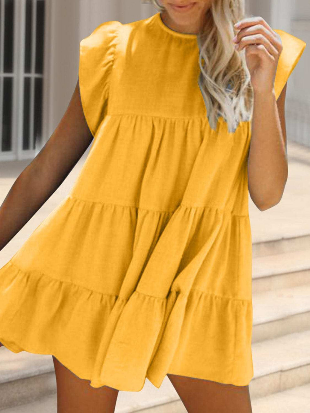 Ruched Round Neck Cap Sleeve Mini Dress - Trendsi - Flyclothing LLC