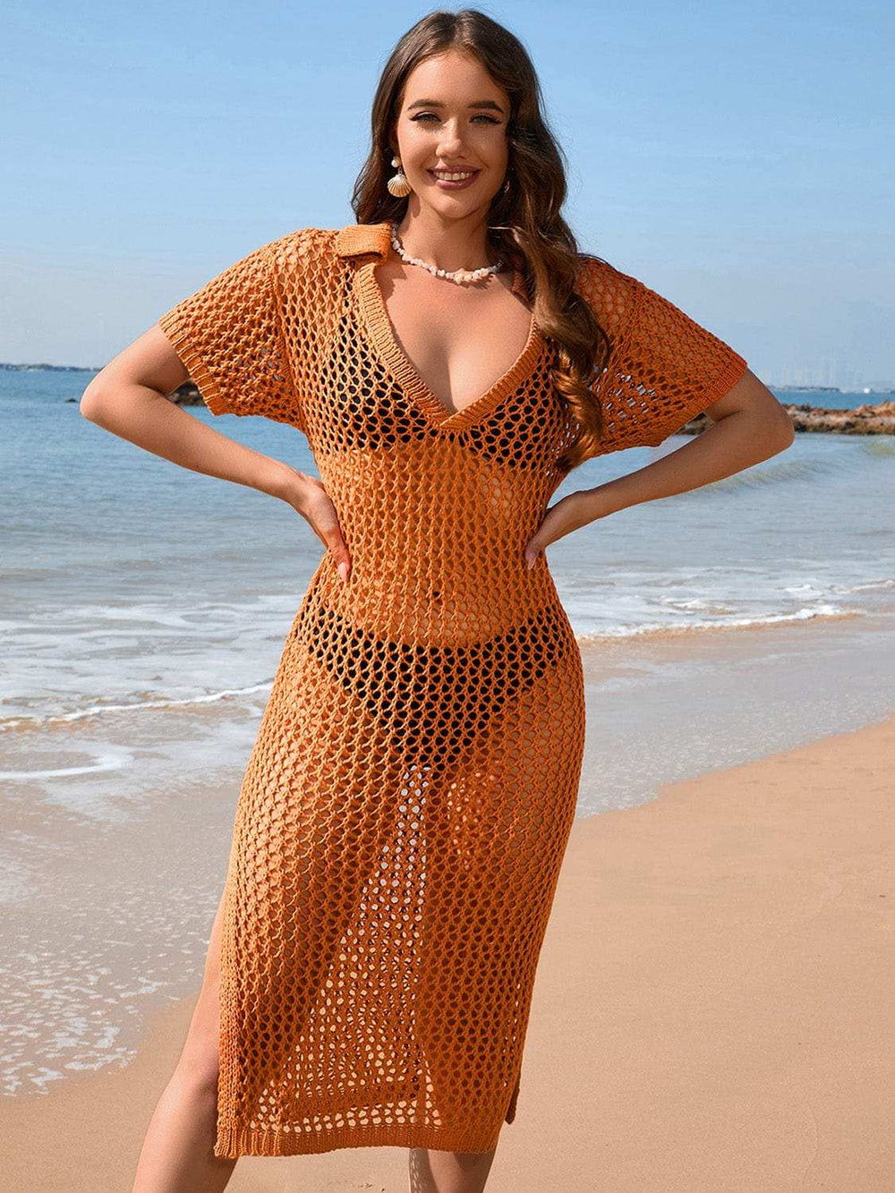 Slit Openwork Johnny Collar Short Sleeve Cover-Up - Trendsi - Flyclothing LLC