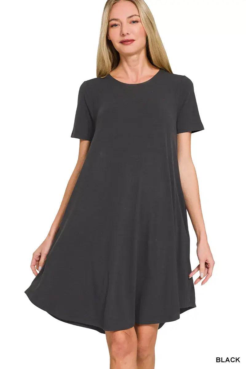 Zenana Short Sleeve Round Hem A-line Dress with Side Pockets - Trendsi - Flyclothing LLC