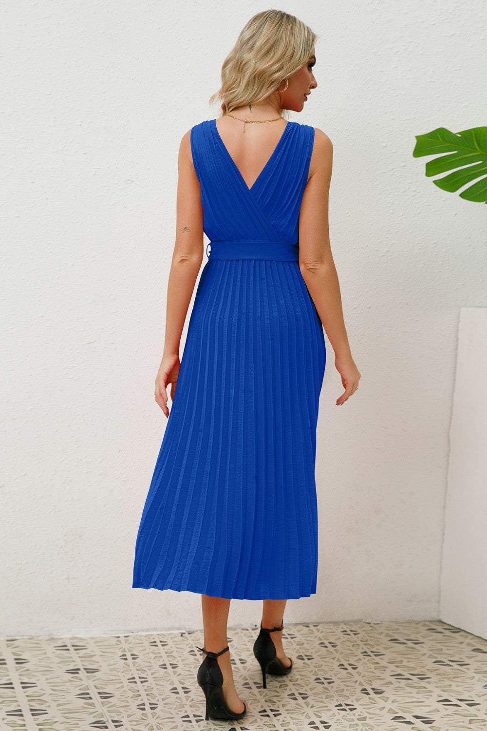 Surplice Sleeveless Midi Pleated Dress - Trendsi - Flyclothing LLC