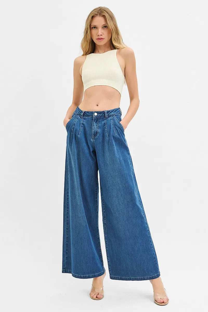 RISEN Mid Rise Fit Wide Leg Knit Denim Look Jeans - Trendsi - Flyclothing LLC