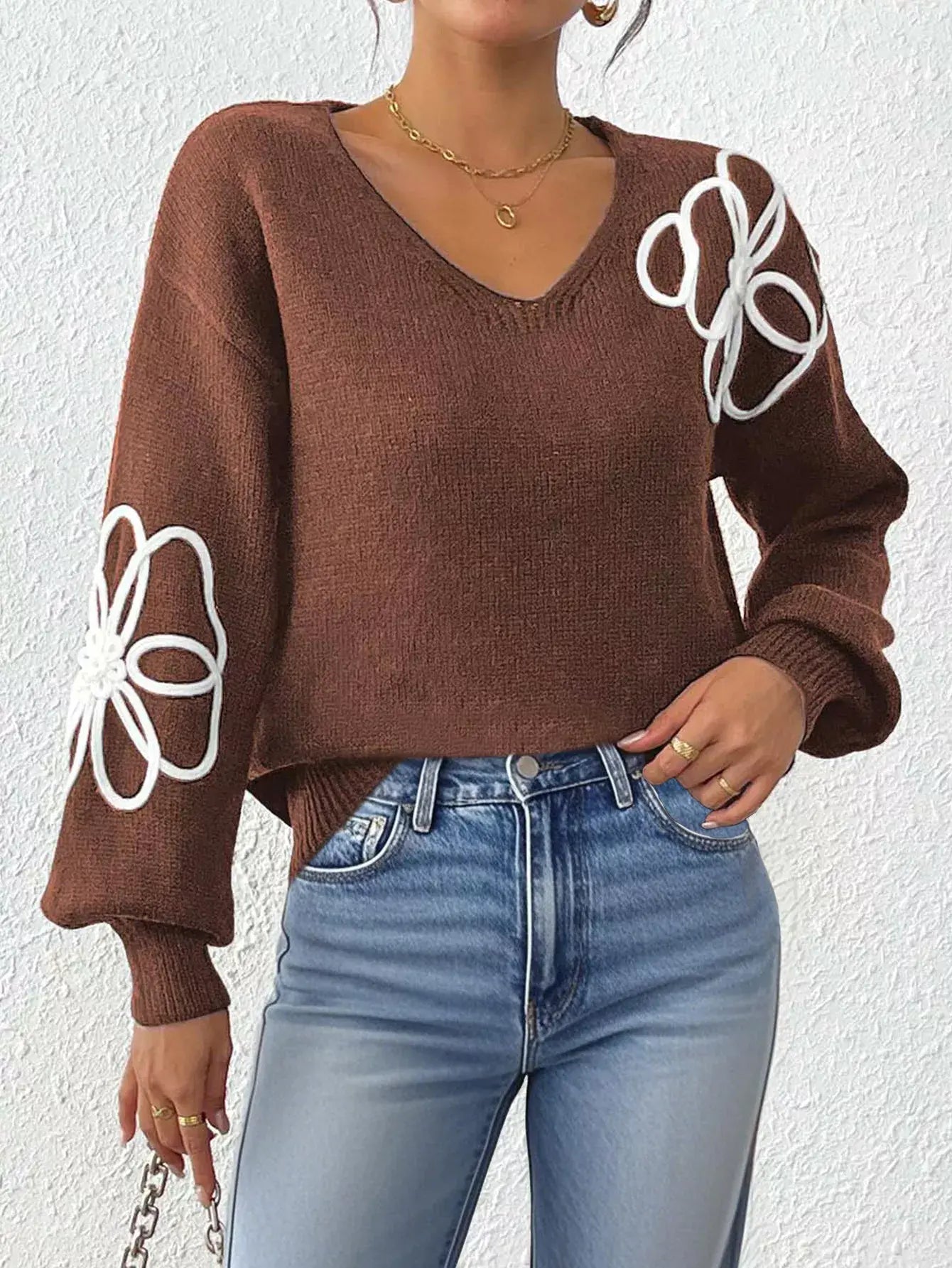 Flower V-Neck Long Sleeve Sweater - Trendsi - Flyclothing LLC