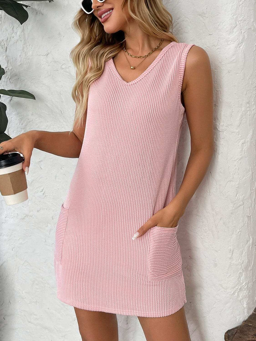 Texture Pocketed V-Neck Tank Dress - Trendsi - Flyclothing LLC