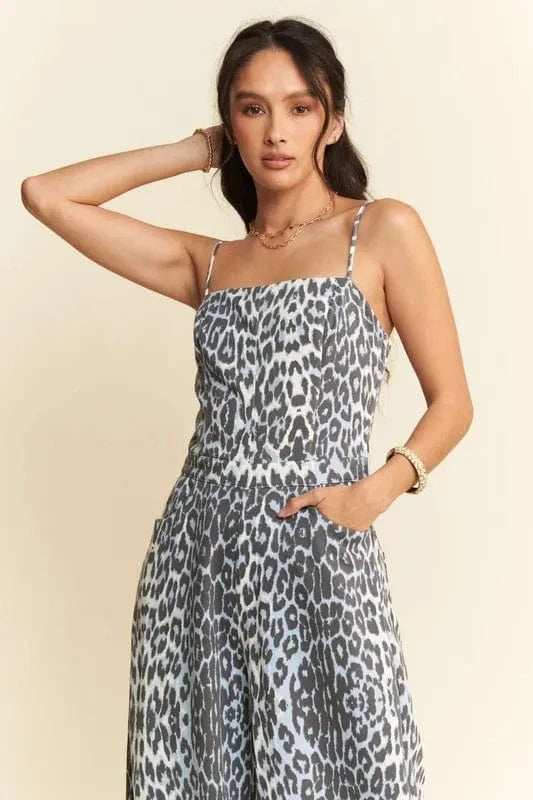 Davi & Dani Leopard Spaghetti Straps Wide Leg Jumpsuit - Trendsi - Flyclothing LLC