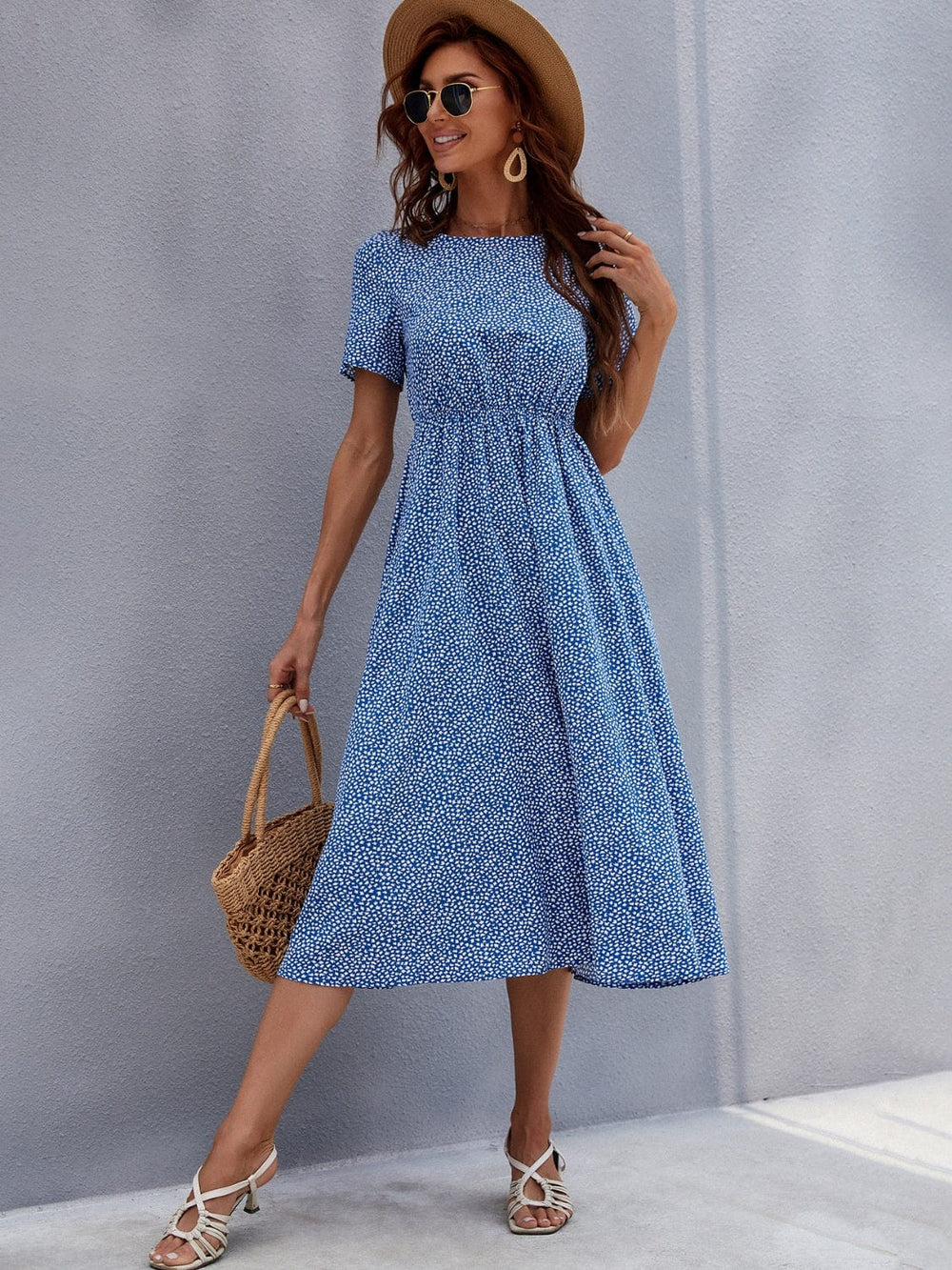 Printed Round Neck Short Sleeve Midi Dress - Trendsi