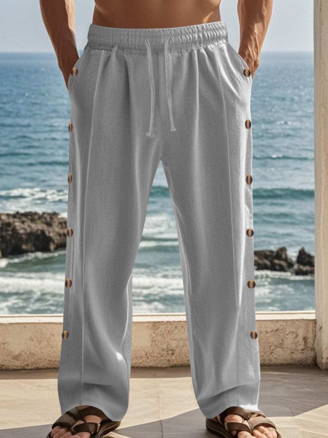 Men's Full Size Side Button Wide Leg Pants Plus Size - Trendsi - Flyclothing LLC