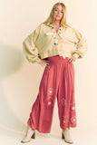 Davi & Dani Smocked Waist Flower Patch Wide Leg Pants - Trendsi