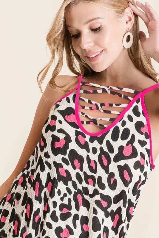 BiBi Leopard Print Caged Neck Knit Camisole - Trendsi - Flyclothing LLC