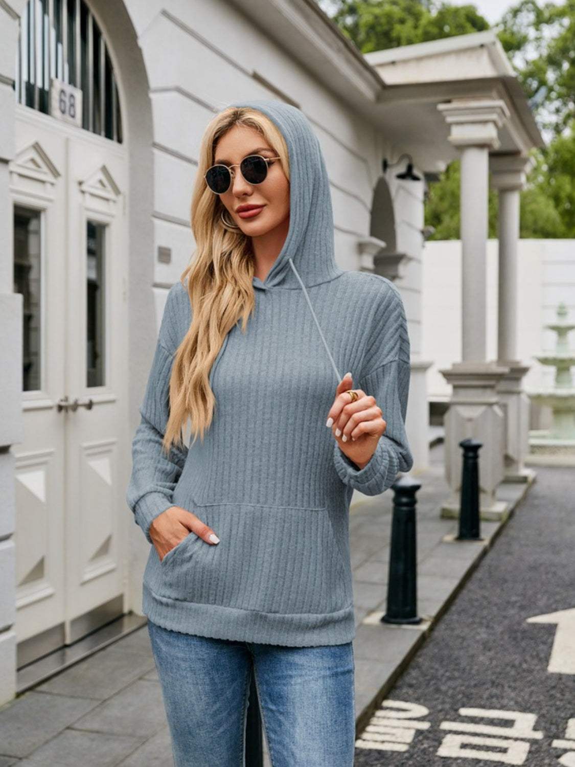 Ribbed Drawstring Long Sleeve Hoodie - Trendsi - Flyclothing LLC