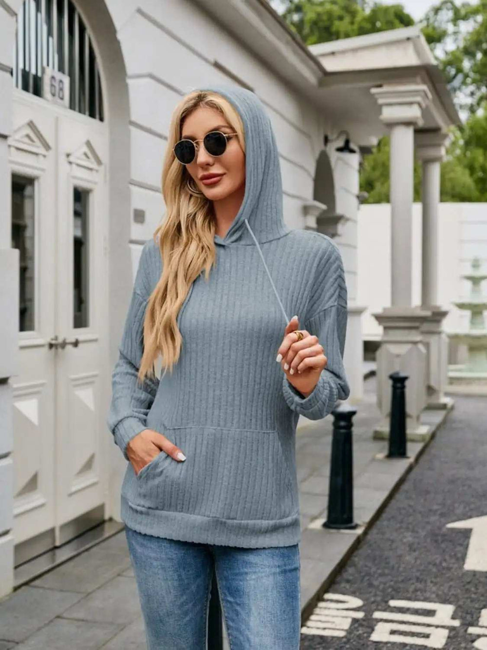 Ribbed Drawstring Long Sleeve Hoodie - Trendsi - Flyclothing LLC