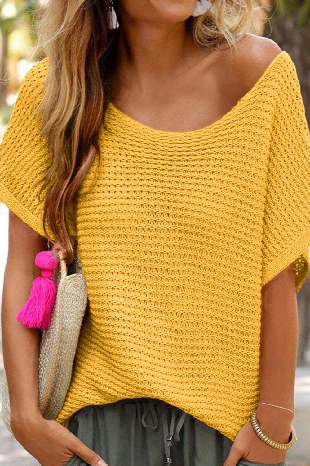 Boat Neck Short Sleeve Sweater - Trendsi - Flyclothing LLC
