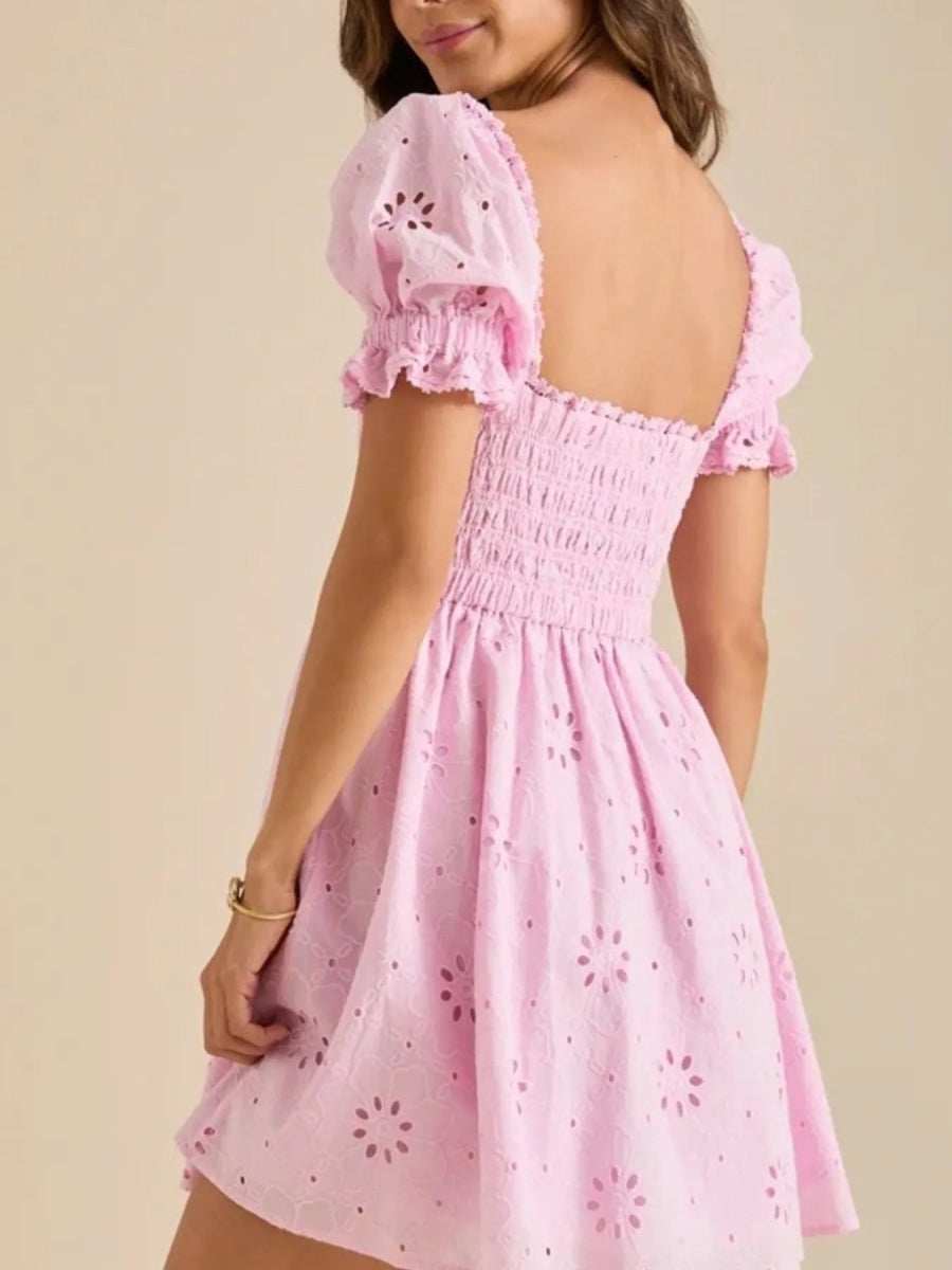 Eyelet Puff Sleeve Smocked Mini Dress - Trendsi - Flyclothing LLC