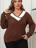 Plus Size Contrast Dropped Shoulder Long Sleeve Sweater - Trendsi - Flyclothing LLC
