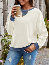 Contrast Round Neck Long Sleeve Sweatshirt - Trendsi - Flyclothing LLC