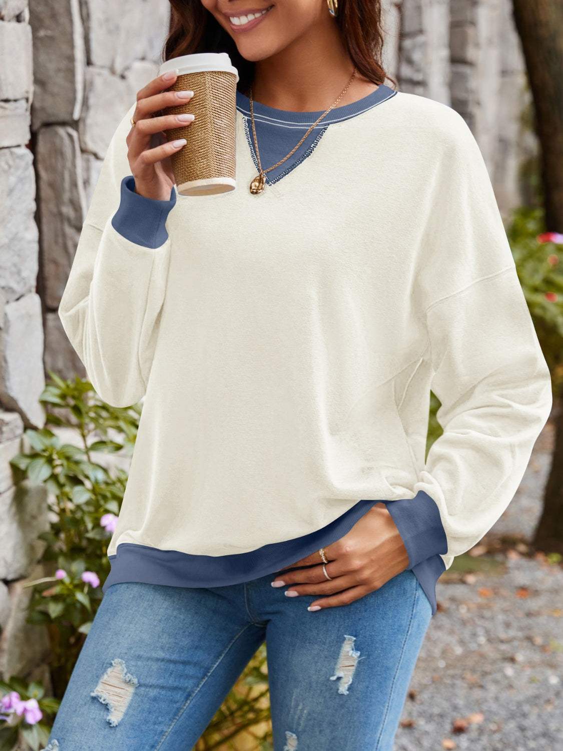 Contrast Round Neck Long Sleeve Sweatshirt - Trendsi - Flyclothing LLC