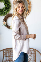 First Love Full Size Ditsy Dot Button Down Collared Satin Shirt - Trendsi - Flyclothing LLC