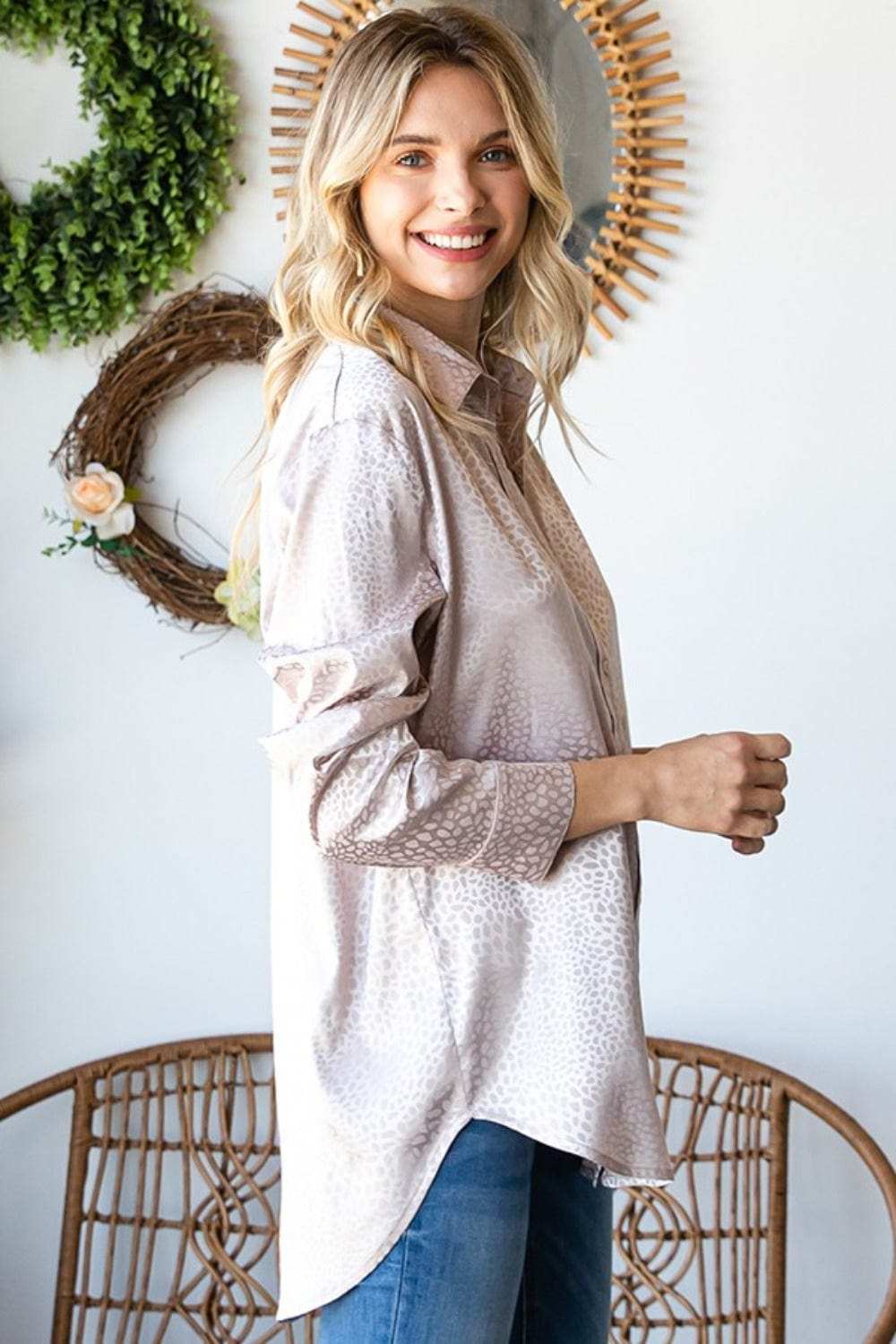 First Love Full Size Ditsy Dot Button Down Collared Satin Shirt - Trendsi - Flyclothing LLC