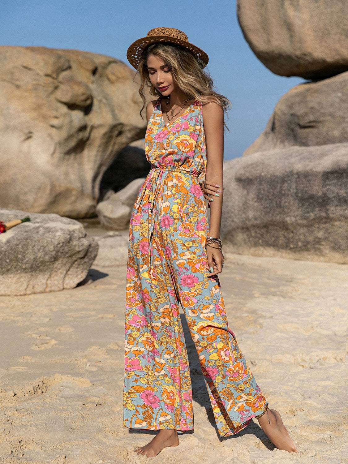 V-Neck Wide Leg Jumpsuit - Trendsi - Flyclothing LLC