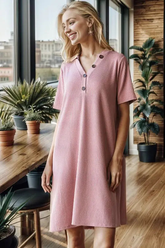 Heimish Full Size Solid Ribbed Mini Dress with Button Plus Size - Trendsi - Flyclothing LLC