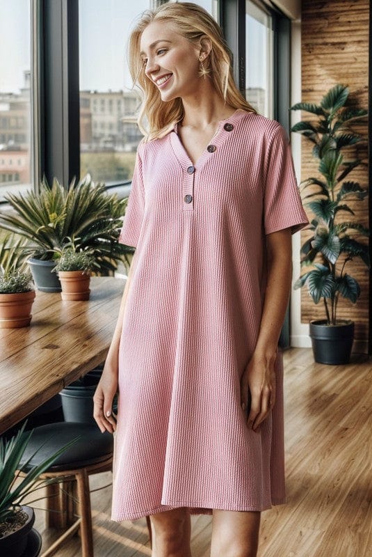 Heimish Full Size Solid Ribbed Mini Dress with Button Plus Size - Trendsi