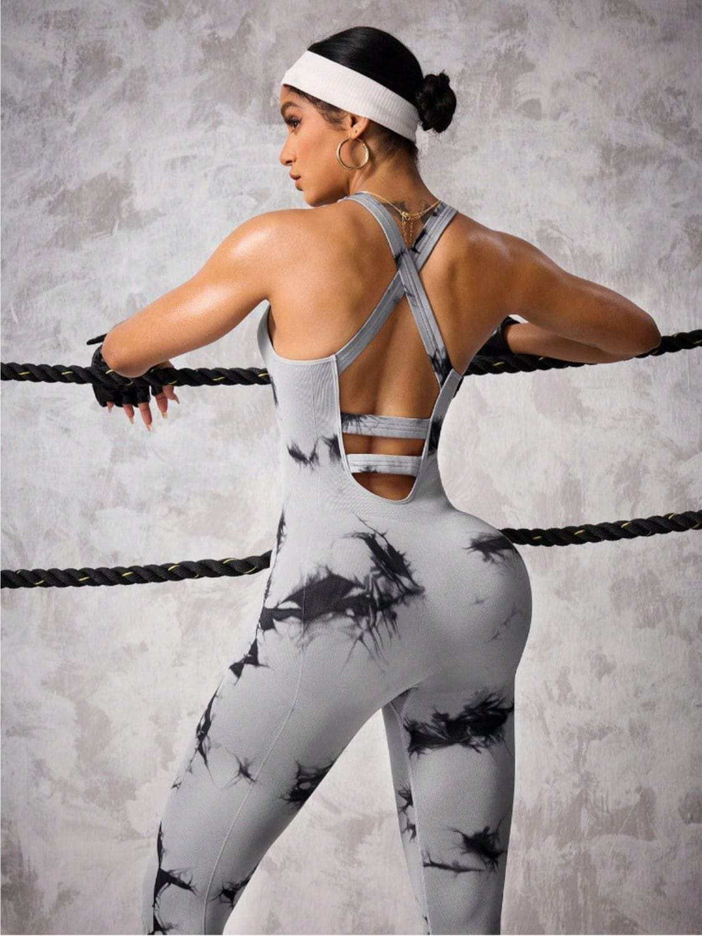 Back Crisscross Tie-Dye Scoop Neck Active Jumpsuit - Trendsi - Flyclothing LLC