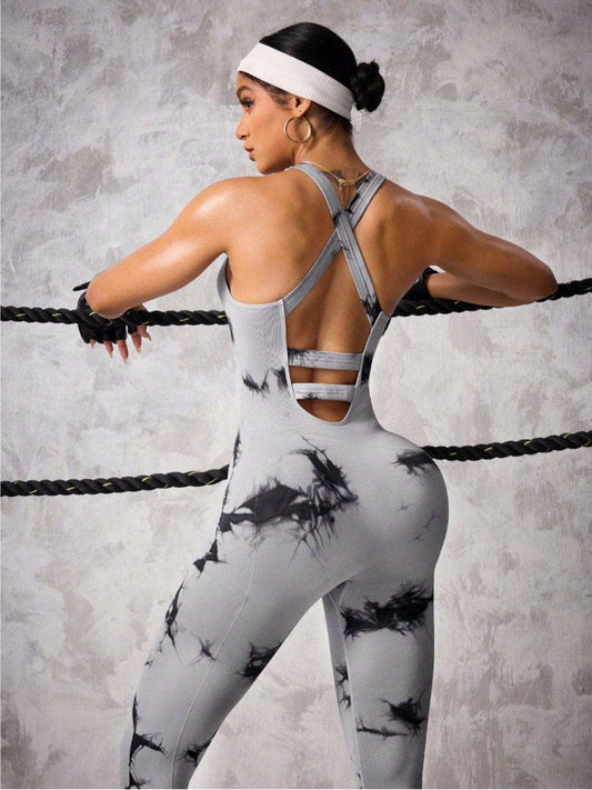 Back Crisscross Tie-Dye Scoop Neck Active Jumpsuit - Trendsi - Flyclothing LLC