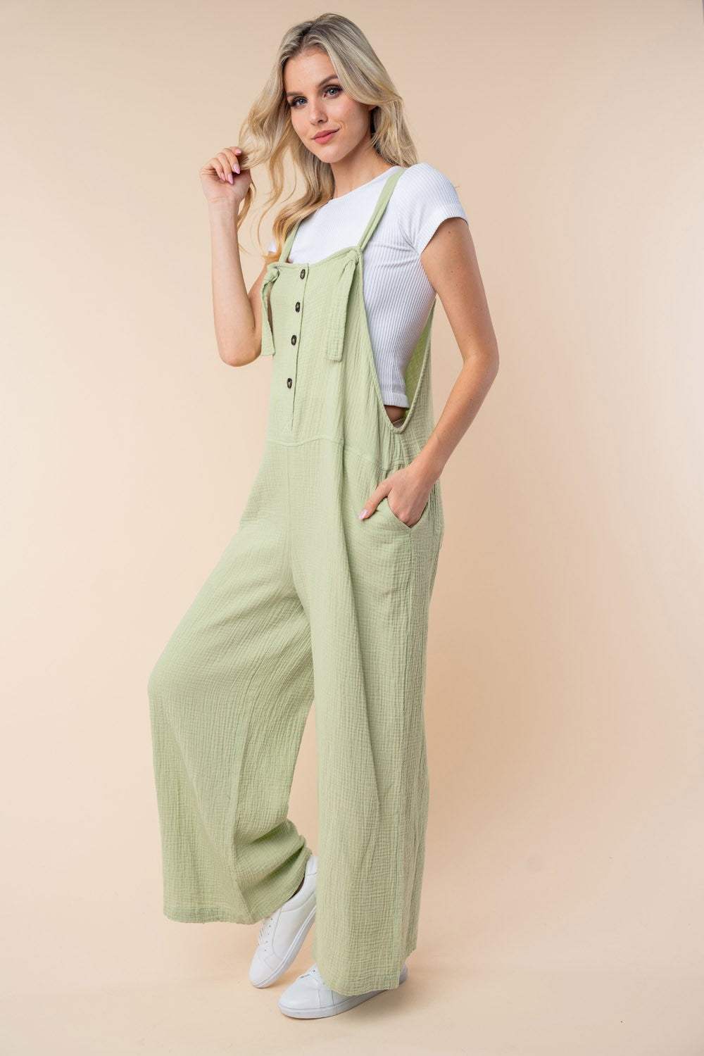 White Birch Texture Sleeveless Wide Leg Jumpsuit - Trendsi - Flyclothing LLC