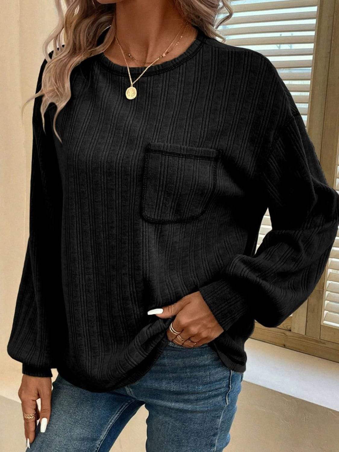 Mandy Contrast Stitching Round Neck Long Sleeve T-Shirt - Trendsi - Flyclothing LLC