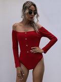 Perfee Decorative Button Off-Shoulder Long Sleeve Bodysuit - Trendsi